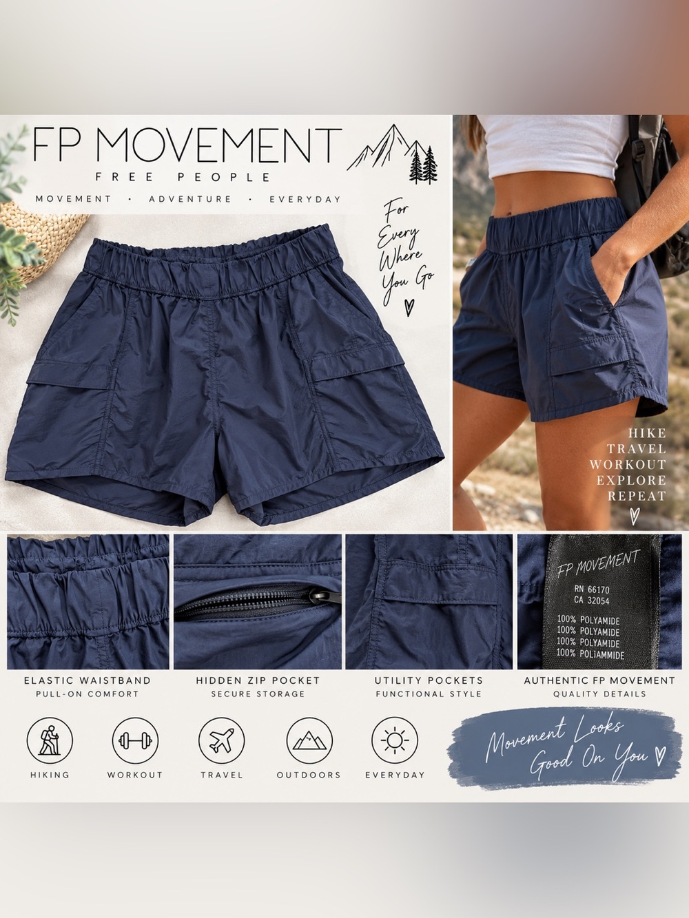 FP Movement Free People In The Wild Utility Hiking Shorts Navy Women’s Small